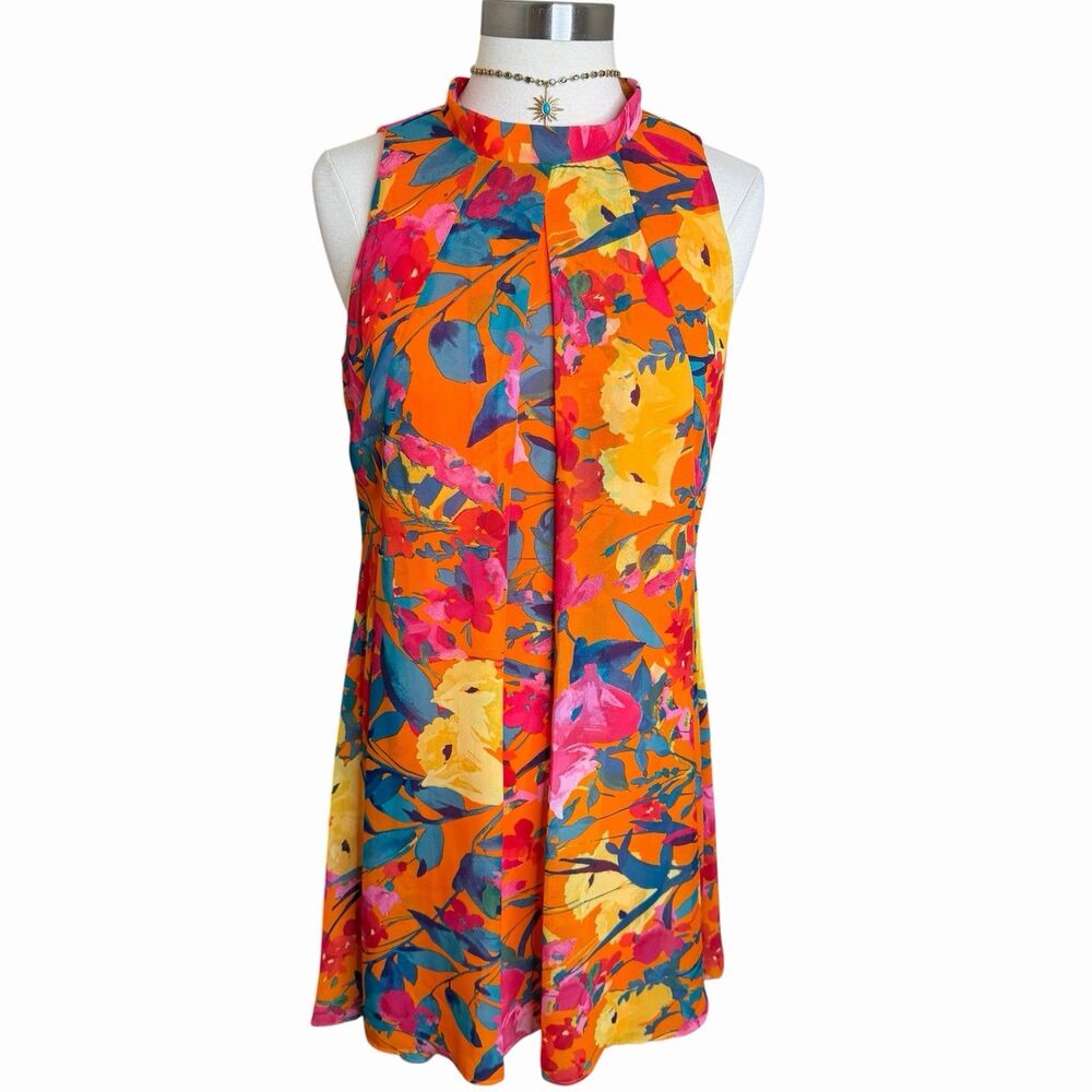 Signature by Robbie Bee Dress 10P Orange Floral Mock Neck Tie Back Tropical